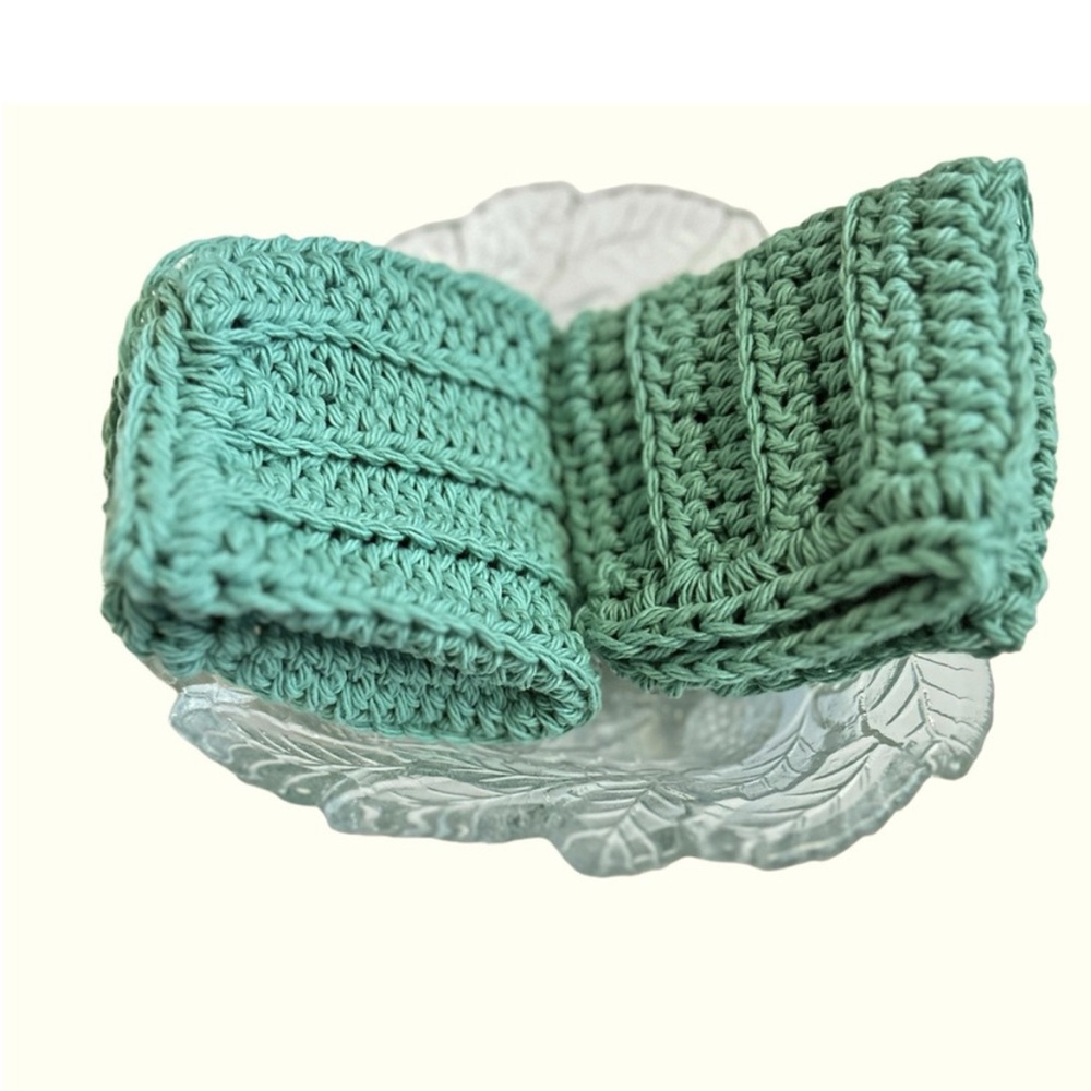 Hand Crafted Jade Green Dish Cloths Crocheted Cotton Colorful Wash Cloths - Picture 3 of 6